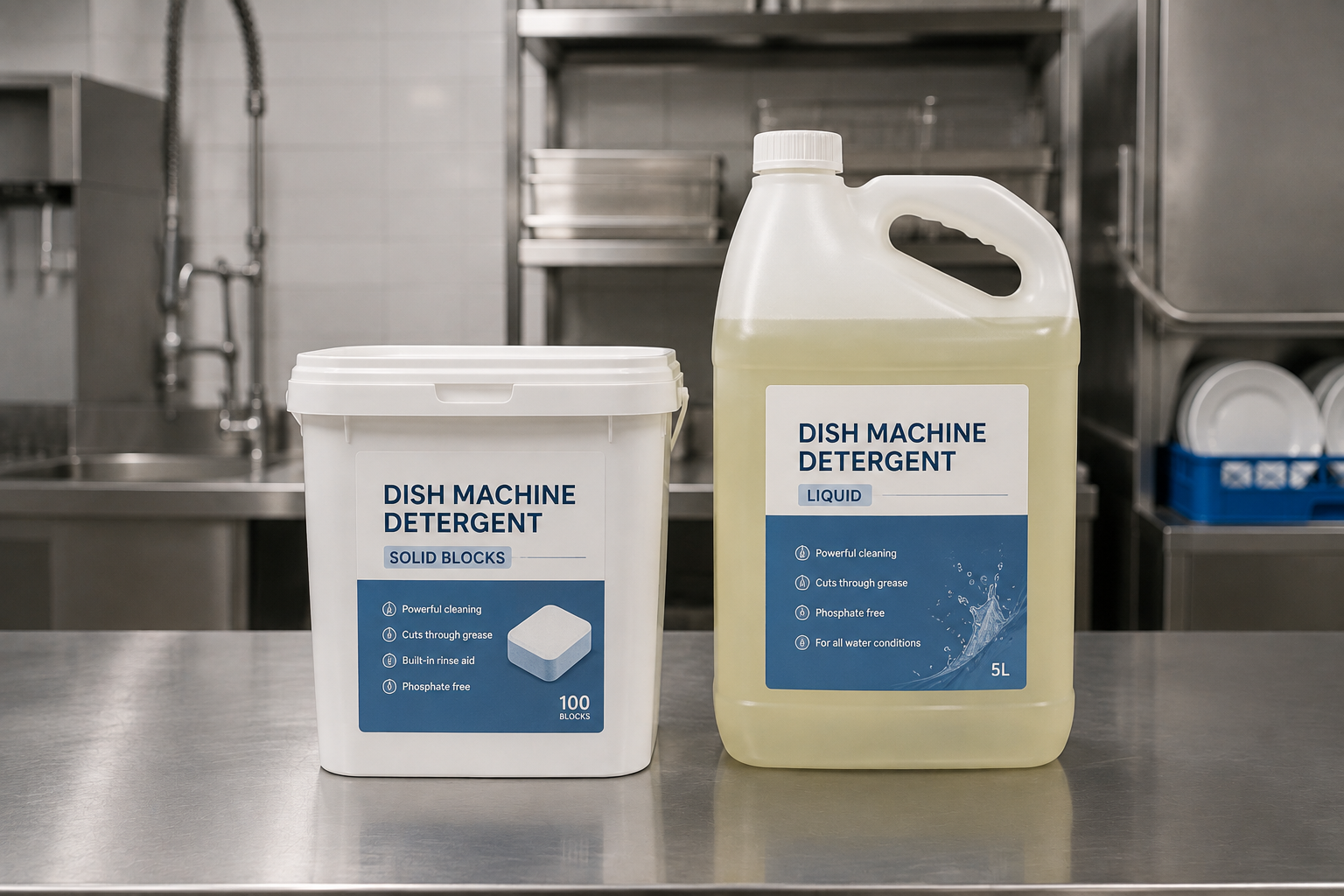 Solid and liquid commercial dish machine detergent containers side by side
