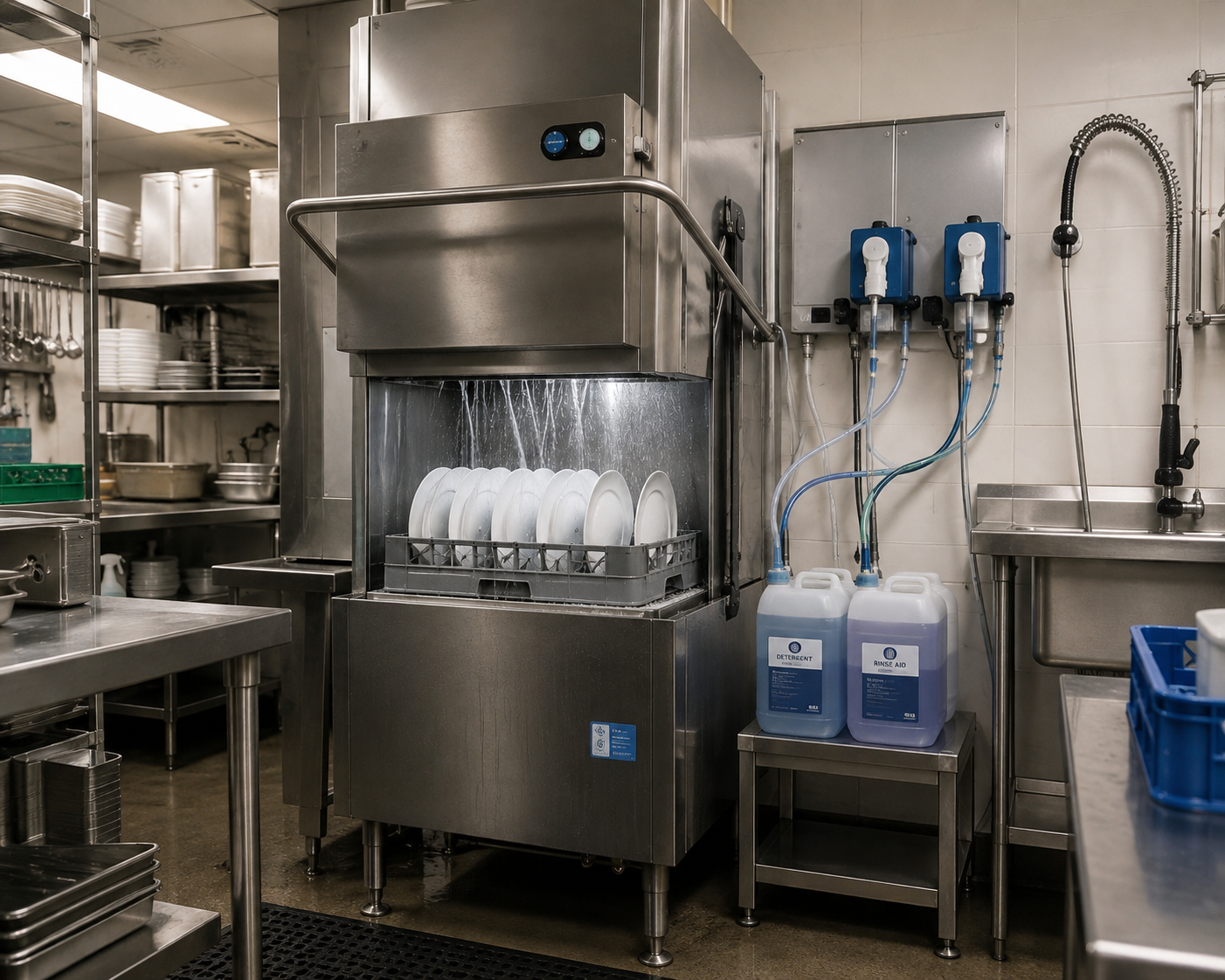 Commercial dish machine with detergent and rinse aid dispensing lines in a restaurant kitchen