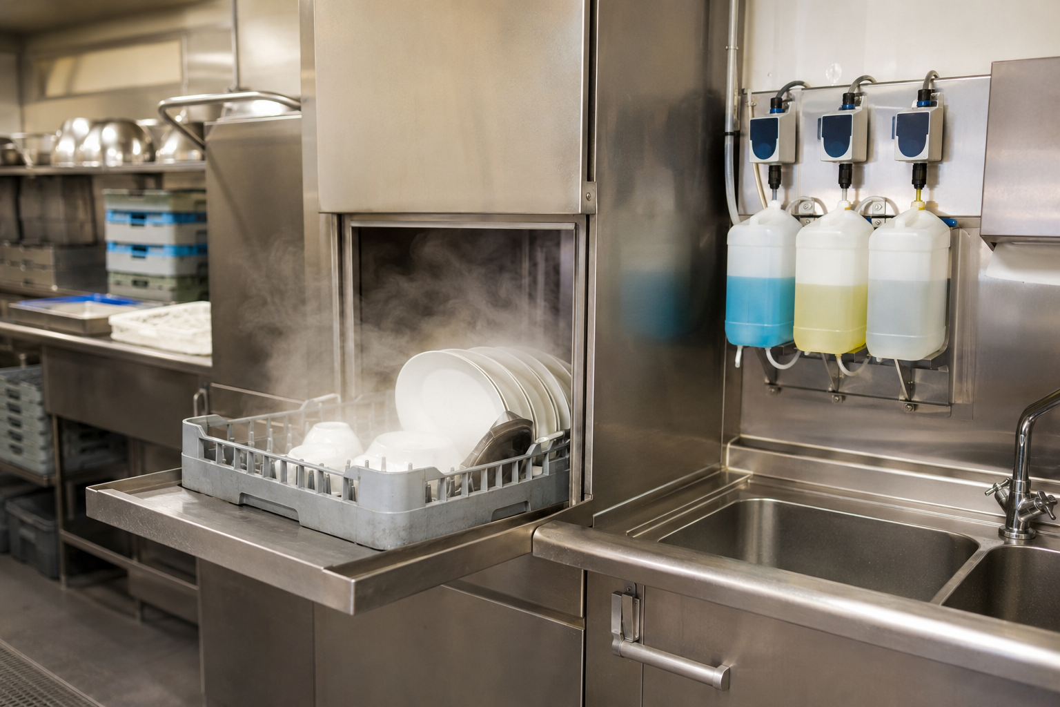 Commercial dish machine with detergent and rinse aid dispensers in a restaurant kitchen