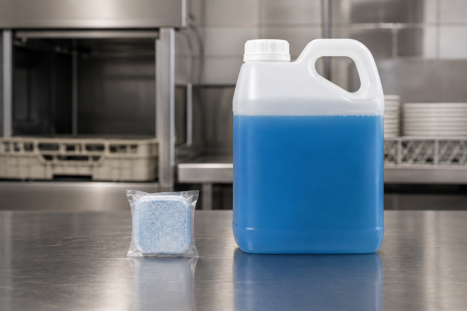 Comparison of solid and liquid commercial dish machine detergent formats